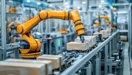 Robotic arm moving boxes on conveyor belt in factory