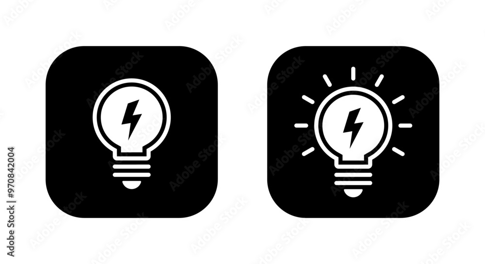 Poster light bulb with lightning icon on black square. lamp with flash concept