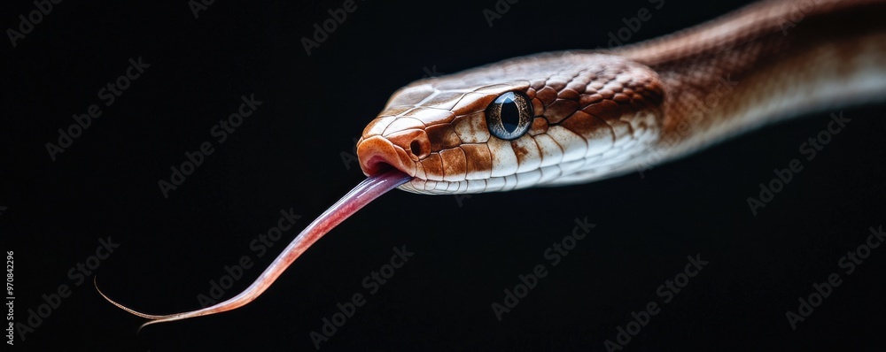Poster close-up of a snake with a forked tongue in sharp focus, displaying intricate scale patterns and a m