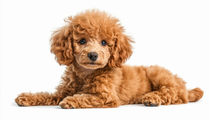 Adorable toy poodle puppy lying down on white background