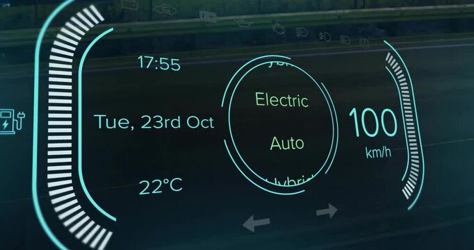 Digital dashboard animation over highway background showing speed, date, and driving mode