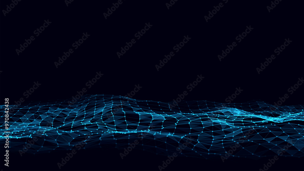 Poster abstract technology wave of particles. big data visualization. vector dark background with motion do