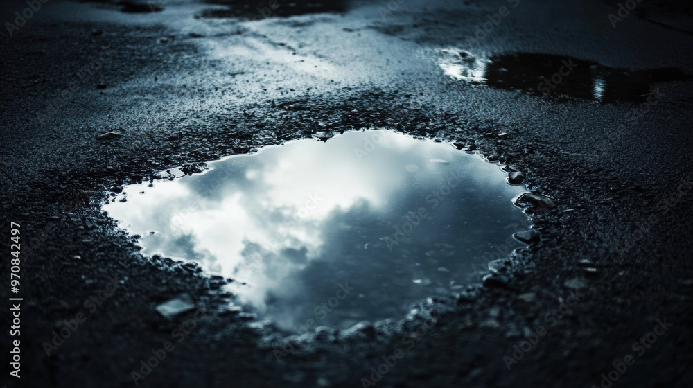 Poster a reflective puddle on dark surface captures moody sky above, creating serene yet somber atmosphere.
