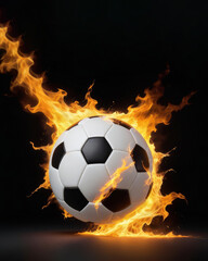 Fototapeta premium Soccer ball flying towards a goal and surrounded by fire