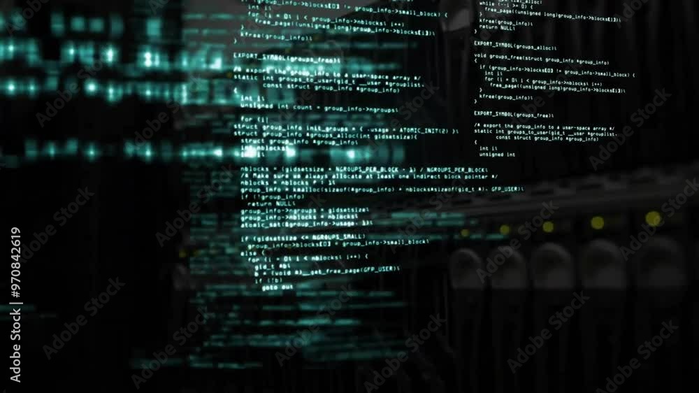 Poster computer code and data processing animation over server racks in dark room