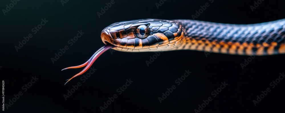 Poster close-up view of a vibrant snake with forked tongue extended against a dark background, showcasing i