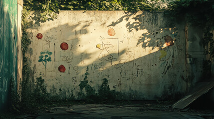 image features weathered wall adorned with faded drawings and shadows cast by surrounding foliage, creating sense of nostalgia and urban decay