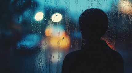 A person stands in silhouette, gazing out through rain soaked window, with blurred city lights creating moody atmosphere. scene evokes feelings of contemplation and solitude