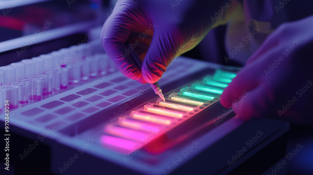 Poster a scientist in laboratory is carefully adding sample to colorful array of test tubes, showcasing vib