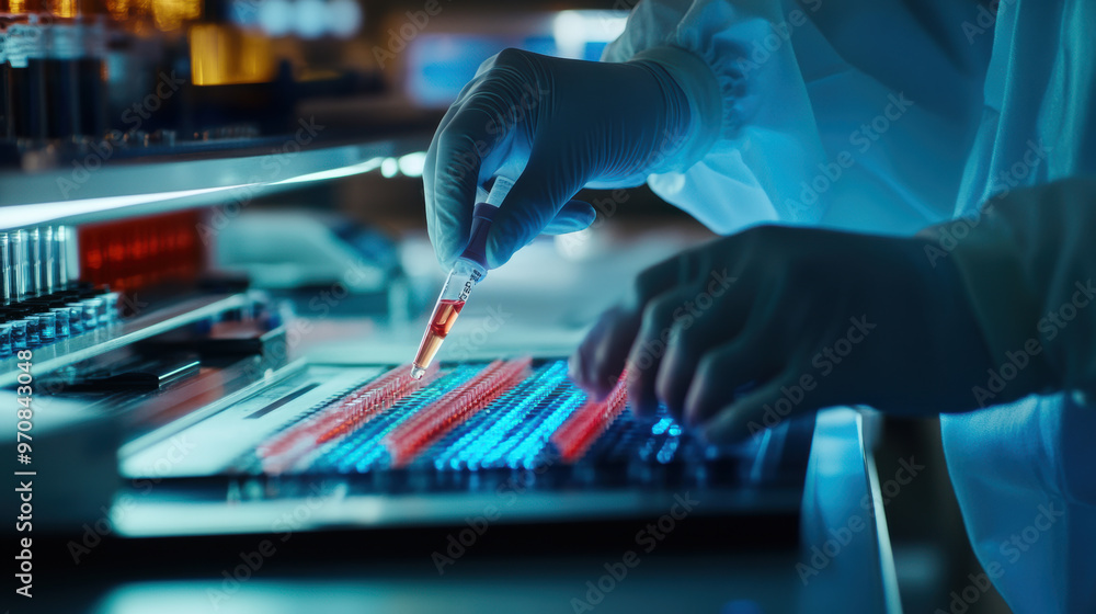 Poster a scientist in lab coat uses pipette to transfer liquid sample onto colorful microplate, showcasing 
