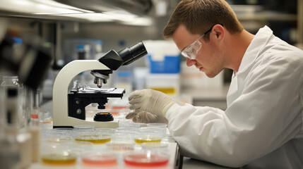 A focused scientist examines samples under microscope in laboratory setting, showcasing dedication to research and discovery. environment is filled with colorful petri dishes and scientific equipment