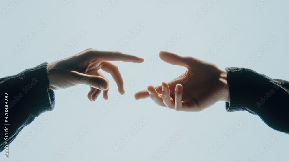 Poster image captures two hands reaching towards each other, symbolizing connection and unity. soft lightin