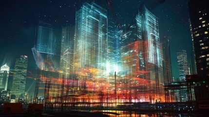 Fototapeta premium A futuristic city skyline with glowing digital lines and structures superimposed over a nighttime cityscape.