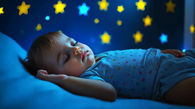 Side view of a beautiful and cute male toddler baby kid sleeping and resting at night in a dark room with blue and yellow glowing stars on the walls