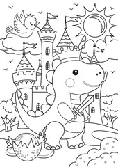 Coloring Page Outline Of Cartoon Dinosaur Fantasy Landscape With Castle