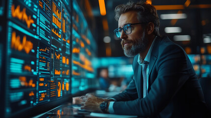 A focused business leader analyzes futuristic financial strategies in high tech environment, surrounded by digital data displays and vibrant graphs