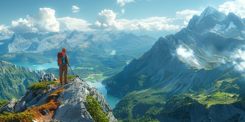 Hiker stands triumphantly at mountain peak overlooking breathtaking valley and lakes