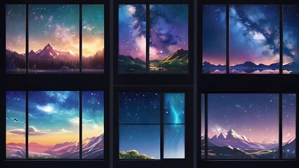 ゲーム背景 朝昼夜の時間帯が一度に見れる幻想的な窓越しの自然風景