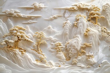 Elegant 3D Carved Wall Art with Gold and White Landscape Design  
