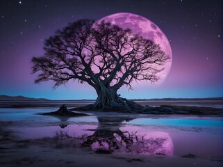 Fototapeta na wymiar Breathtaking Panoramic Landscape of a Dead Tree on The Wet Sand Ground with Violet Moon with Stars in The Sky