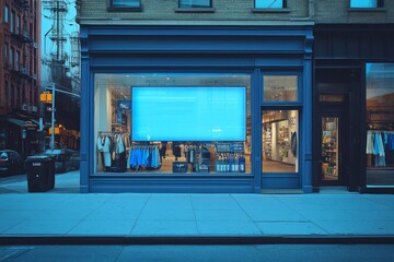 a large, eye-catching advertisement for cyber monday sales, with a bright blue background and bold white text, covering an entire storefront window
