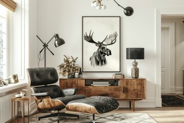 Modern living room featuring a stylish black chair and moose artwork on a white wall