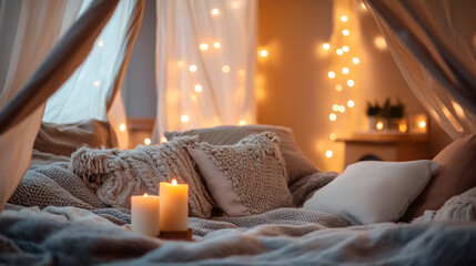 candles on the bed, cozy bedroom