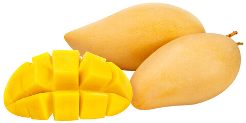 Yellow Mango cut into cubes on white background, Sweet Yellow Mango tropical fruit isolate on white PNG File.