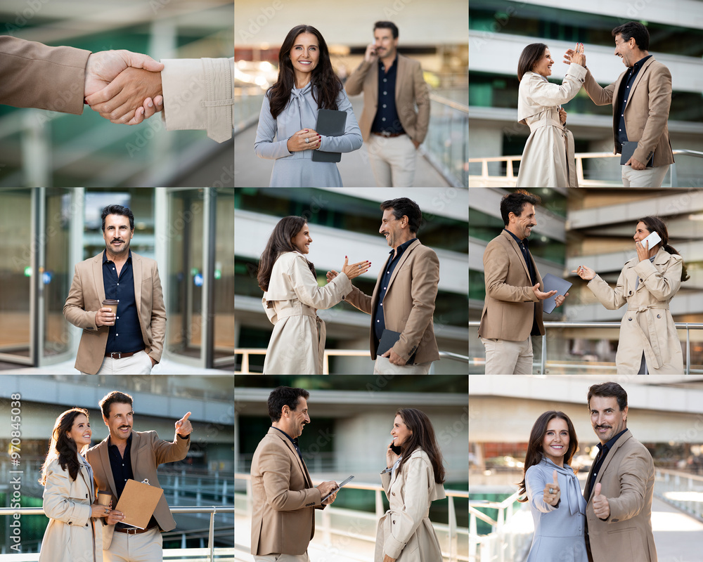 Poster a group of business professionals are engaging in various interactions outside an urban office build