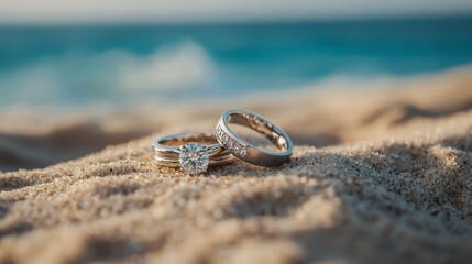 Wedding Rings on Beach Sand with Ocean Background