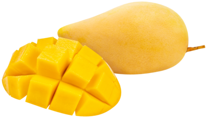 Yellow Mango cut into cubes on white background, Sweet Yellow Mango tropical fruit isolate on white PNG File.