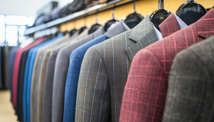 Fototapeta premium Row of men's suits hanging in a fashion retail store