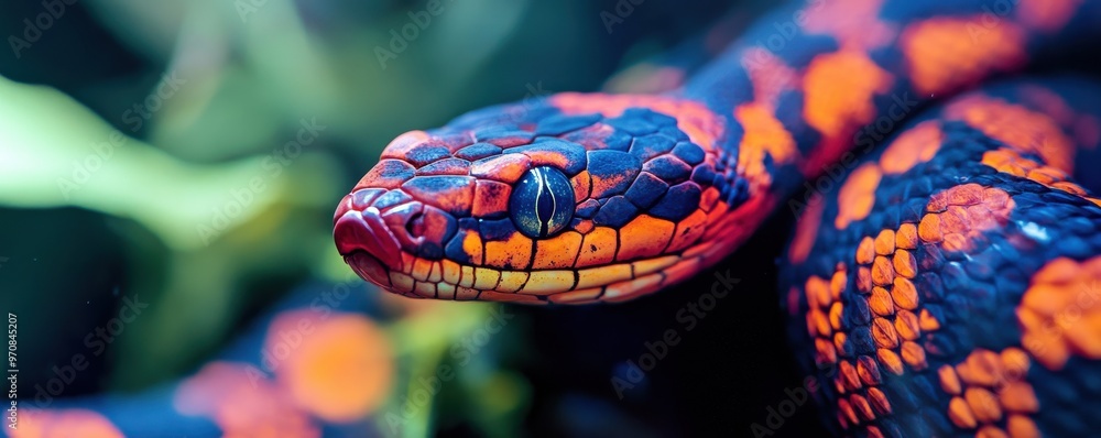 Poster close-up of a strikingly patterned sea snake with vibrant colors and intricate scales against a soft