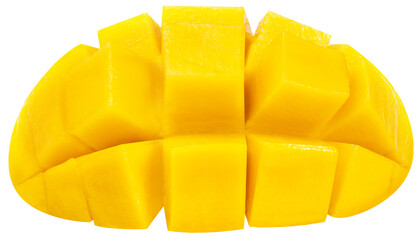 Yellow Mango cut into cubes on white background, Sweet Yellow Mango tropical fruit isolate on white PNG File.