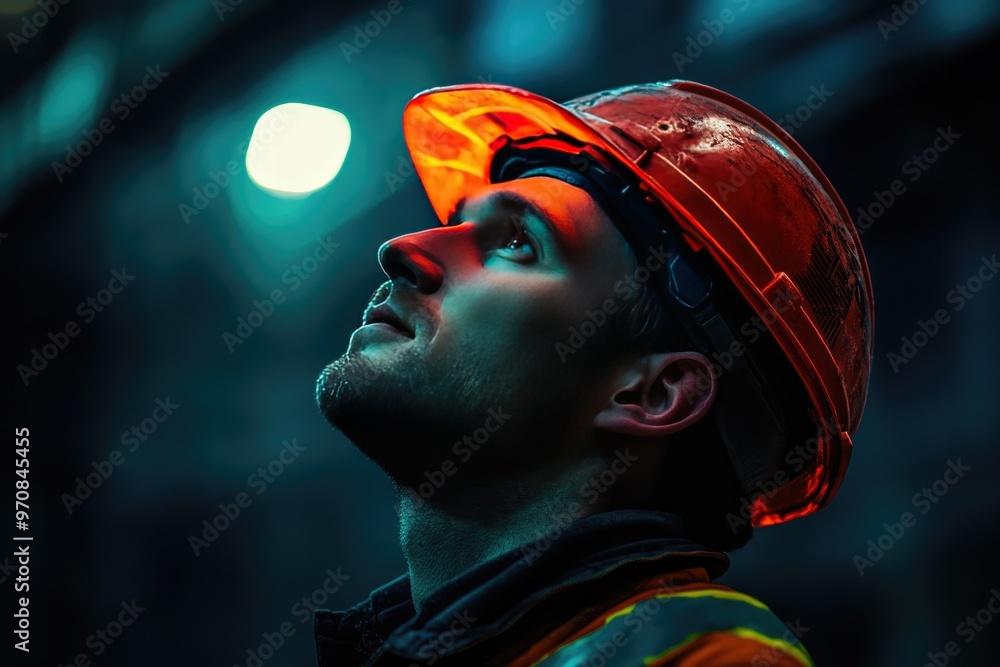 Canvas Prints Construction Worker Looking Up in Neon Light