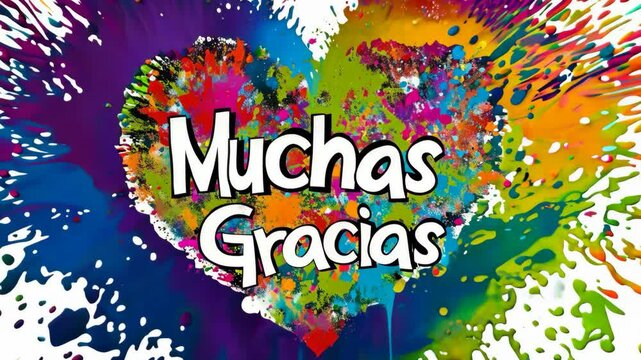 Phrase "Muchas Gracias" in bold, playful font inside a heart shape filled with vibrant paint splashes, expressing gratitude and appreciation with a colorful, artistic flair