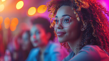 Obraz premium Creating vibrant atmosphere, woman with curly hair and glasses enjoys lively moment surrounded by friends in colorful setting. warm lights enhance joyful ambiance