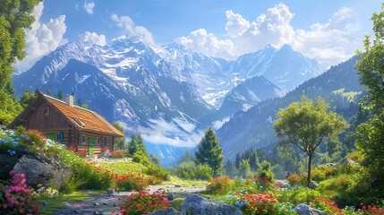 Naklejka premium Idyllic Countryside Summer Landscape with Wooden Old House