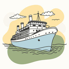 Stylized ship illustration on water with clouds and pastel background
