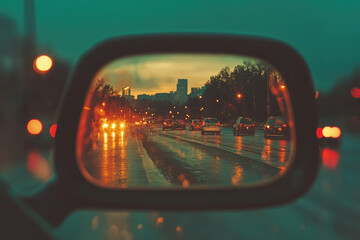  The rearview mirror of the car reflects the scenery on both sides, with cars driving along the highway under the sunset sky. Created with Ai