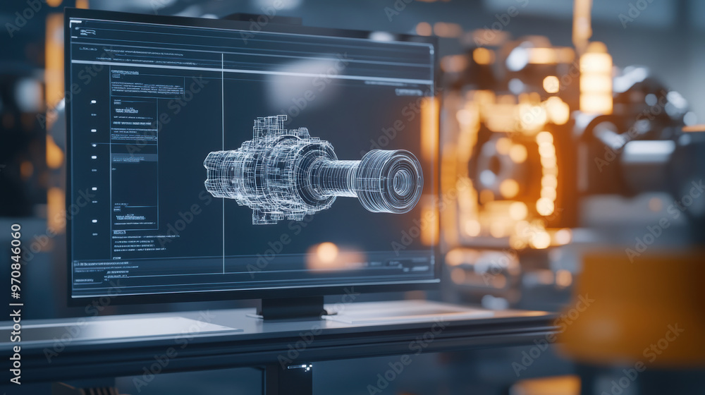 Poster image showcases detailed blueprint of mechanical component displayed on computer screen in modern in