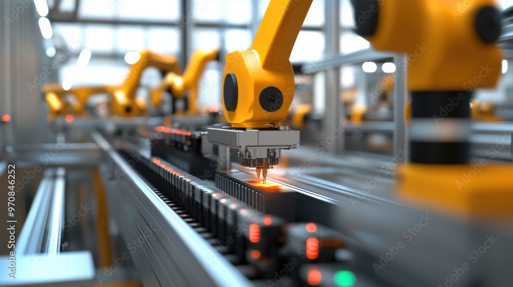 Poster automated robotic arms in modern manufacturing facility are efficiently assembling components on pro
