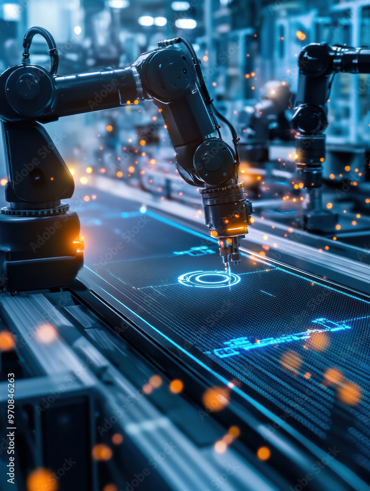 Poster image showcases robotic arm engaged in high tech manufacturing process, highlighting integration of 