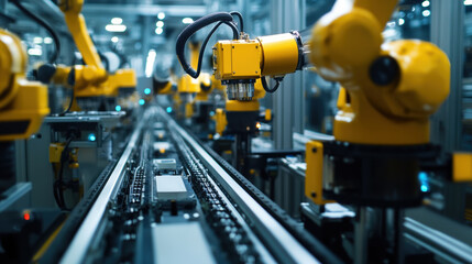 Automated robotic arms in modern manufacturing facility showcase advanced technology and efficiency. scene highlights precision and speed of industrial automation in production lines
