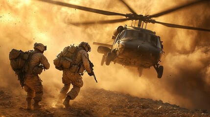 24. A combat medic rushing a wounded soldier onto a waiting helicopter, with the rotors spinning rapidly above them