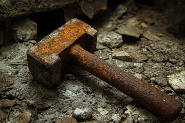 A Rusty Hammer Abandoned on a Pile of Rubble