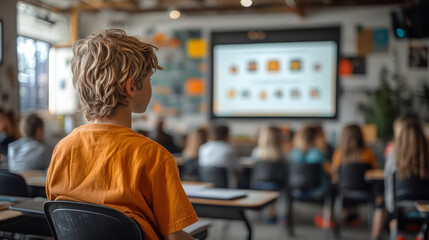 Engaged students in classroom setting, focusing on interactive learning with teachers presentation in background. atmosphere is vibrant and educational