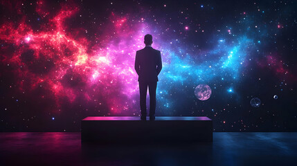 Fototapeta premium Man Gazing at a Cosmic Landscape with Pink and Blue Nebulae