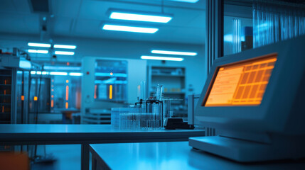 A modern laboratory setting featuring advanced equipment and computer monitor displaying data. blue lighting creates high tech atmosphere, ideal for scientific research and experimentation
