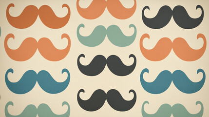 Colorful mustache pattern, retro style, orange, teal, black, and beige, Movember theme